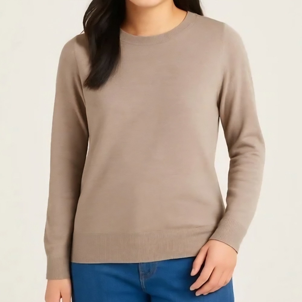 NWT Katherine Barclay Extra Fine Merino Wool Crew Neck Sweater – XL – Taupe